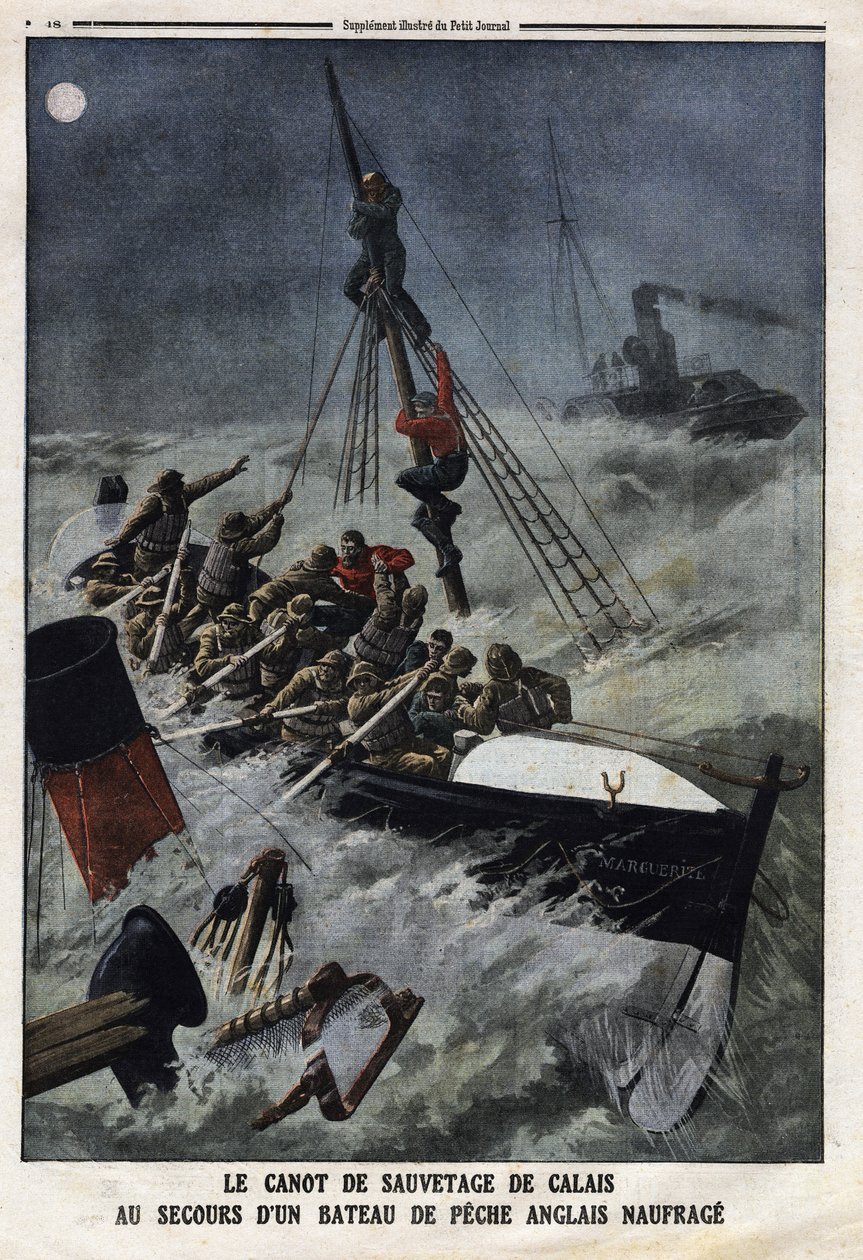De reddingsboot van Calais om een zinkende Engelse vissersboot te redden. Gravure in Le Petite Journal, op 11/02/1912. Privécollectie. door Anonymous Anonymous