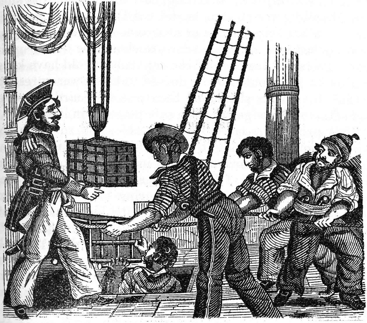 De piraat “Long Ben” John Avery (overleden in 1643) laadde drie kisten met schatten (goud en stenen) op zijn schip. Gravure uit “The pirate own book” 1837 door Anonymous Anonymous