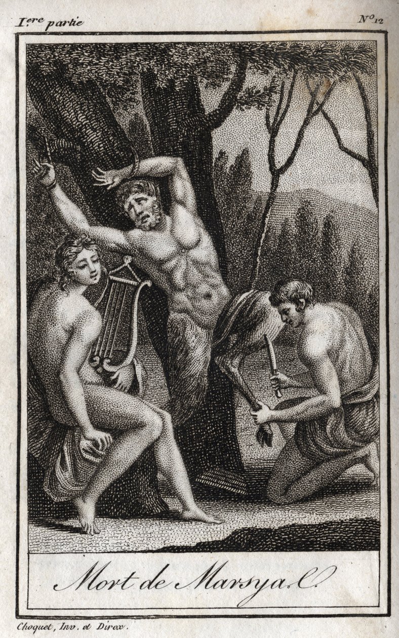 De straf of dood van Marsyas (De Straf van Marsyas) wordt gestraft voor het uitdagen van Apollo met de lier en wordt door de Boogschutter gevild in aanwezigheid van Koning Midas en de Muzen. Gravure uit 1819 in 