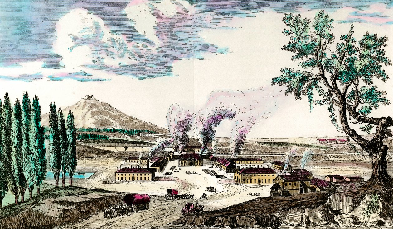 De koninklijke gieterij in Le Creusot (Saône en Loire) in 1787. Het vervaardigde onder andere de bewapening van het Franse leger. Gravure uit de 18e eeuw. Privécollectie door Anonymous Anonymous