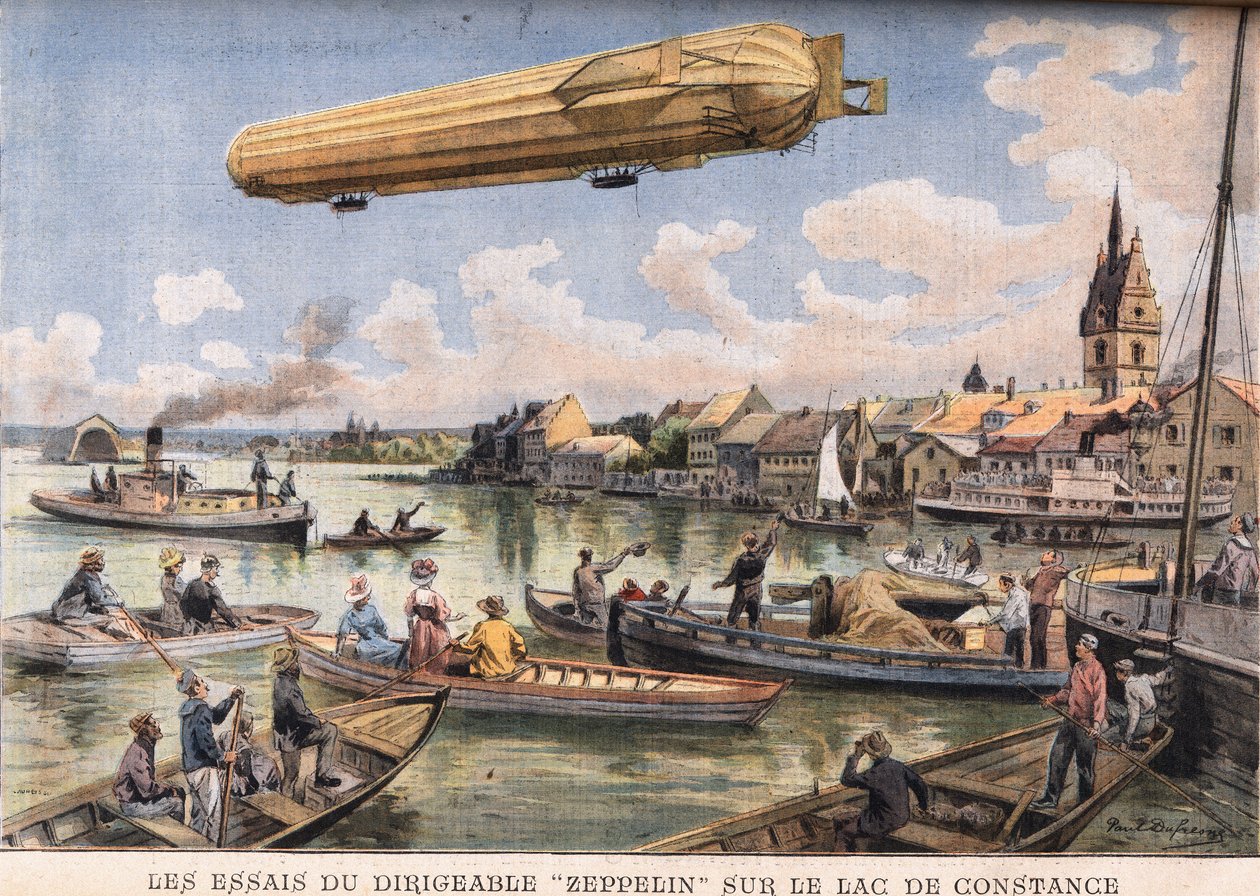 De tests van het Zeppelin-luchtschip op het Bodenmeer in Duitsland. Gravure uit de krant "Le Peute Parisien", op 2/08/1908. Privécollectie. door Anonymous Anonymous