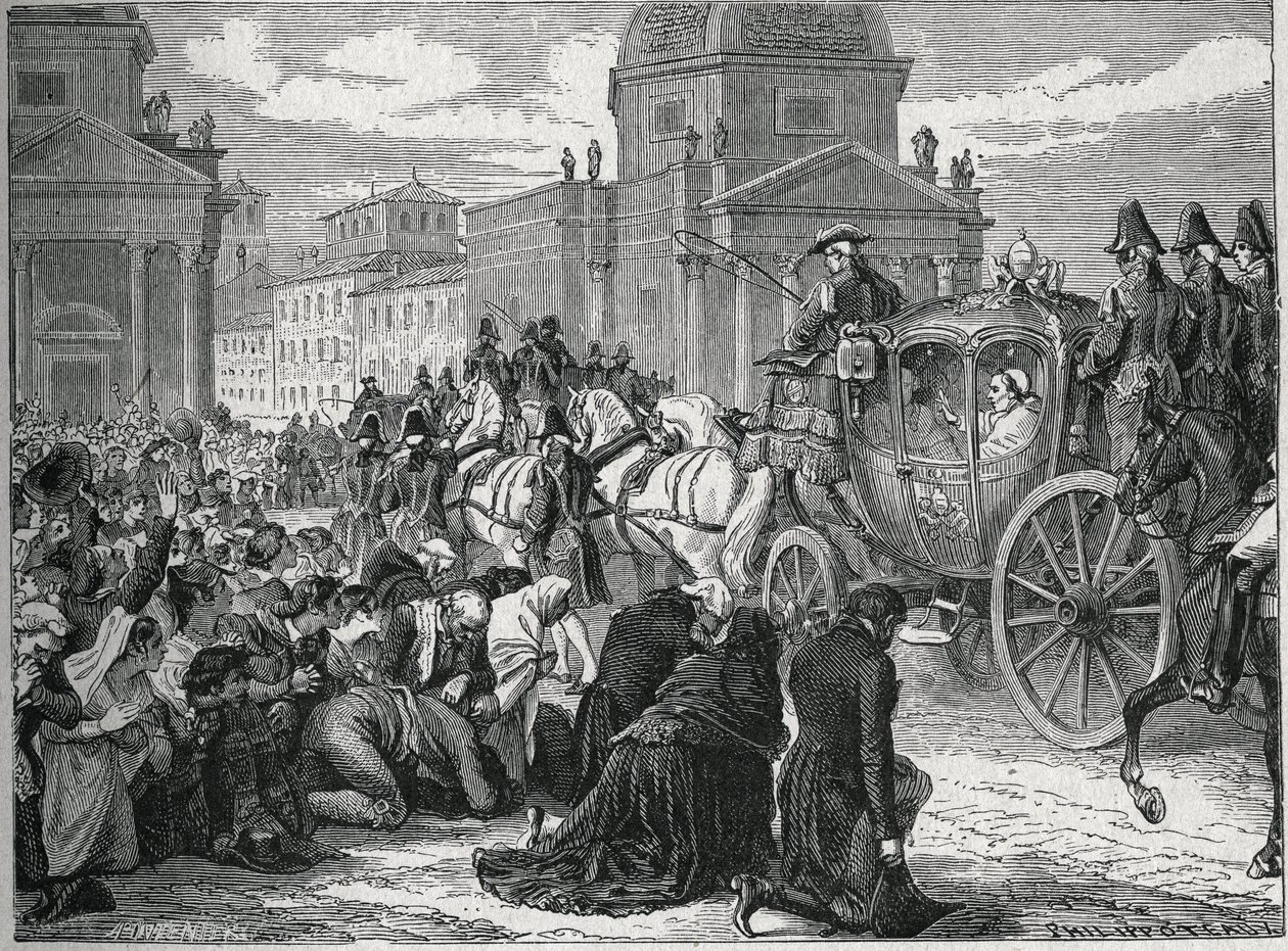 De triomfantelijke intocht van paus Pius VII (Pio) (1742-1823) in Rome (Roma) op 24 mei 1814. Gravure uit de 19e eeuw. Privécollectie. door Anonymous Anonymous