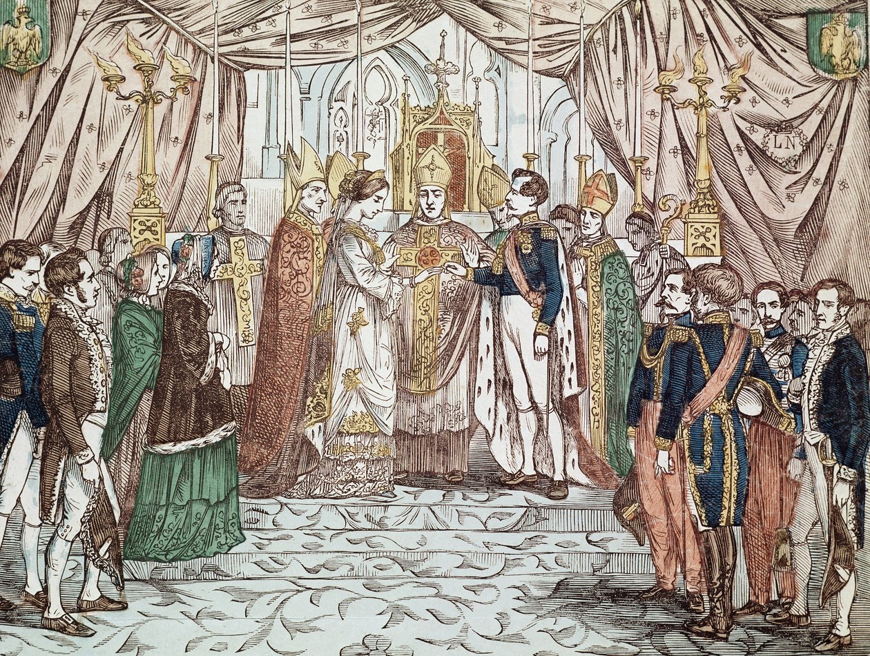 De bruiloft van Napoleon III en Eugenia Maria de Montijo de Guzman, op 30/01/1853 in de Kathedraal van Onze-Lieve-Vrouw (gravure) door Anonymous Anonymous