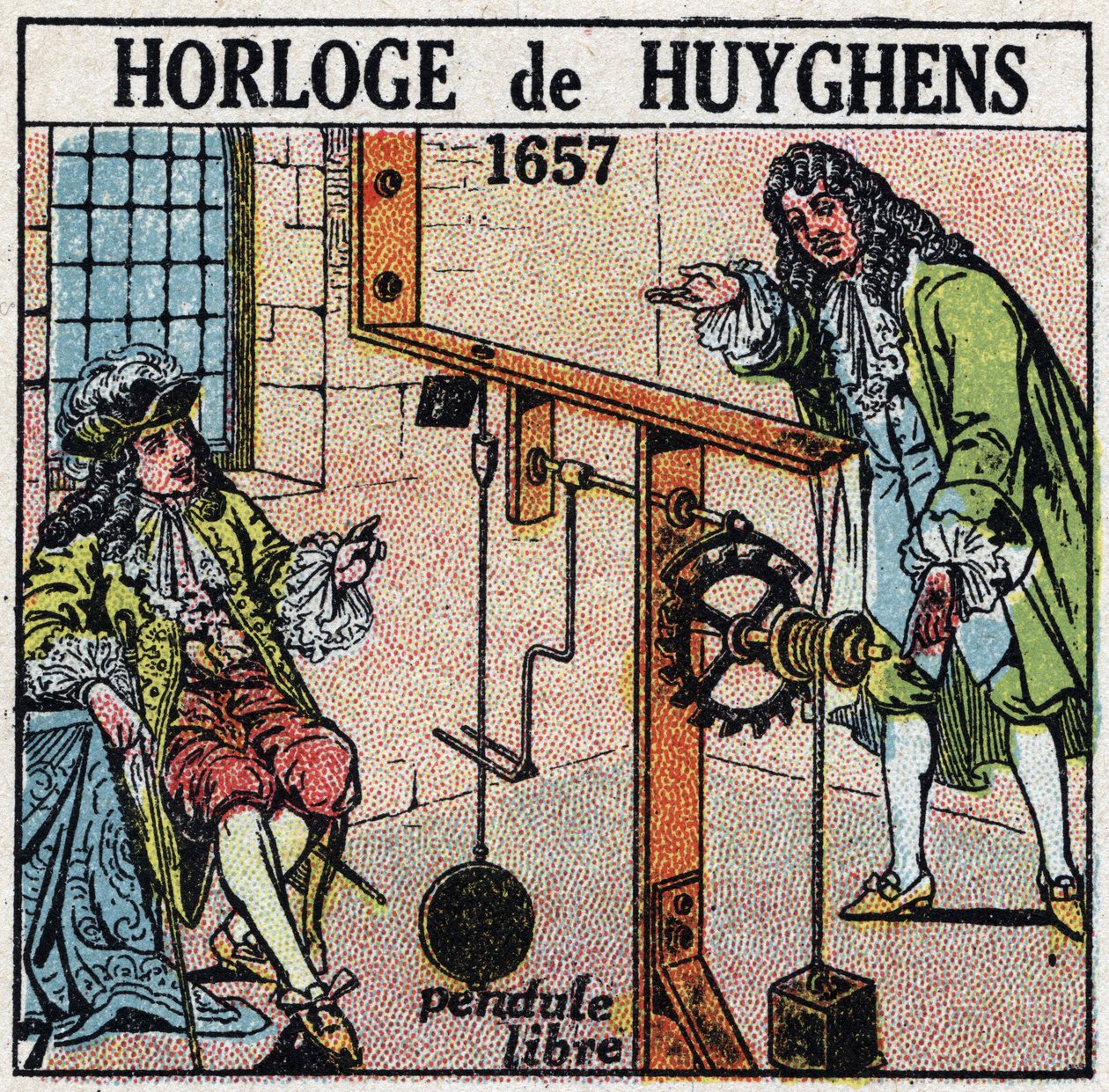 Tijd: klok met vrije slinger uitgevonden door Christiaan Huygens (1629-1695) in 1657. Anonieme illustratie uit 1925. Privécollectie. door Anonymous Anonymous