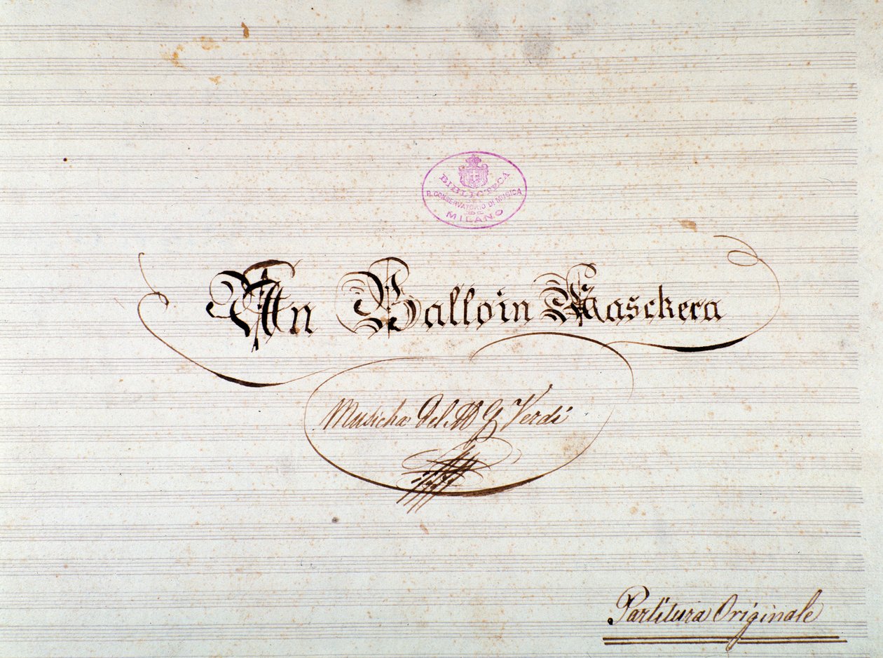 Titelpagina van de eerste editie van de partituur van Un ballo in maschera, opera van Giuseppe Verdi door Anonymous Anonymous
