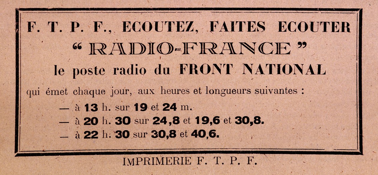 Pamflet van de FFI-FTPF met oproep om naar Radio France te luisteren, 