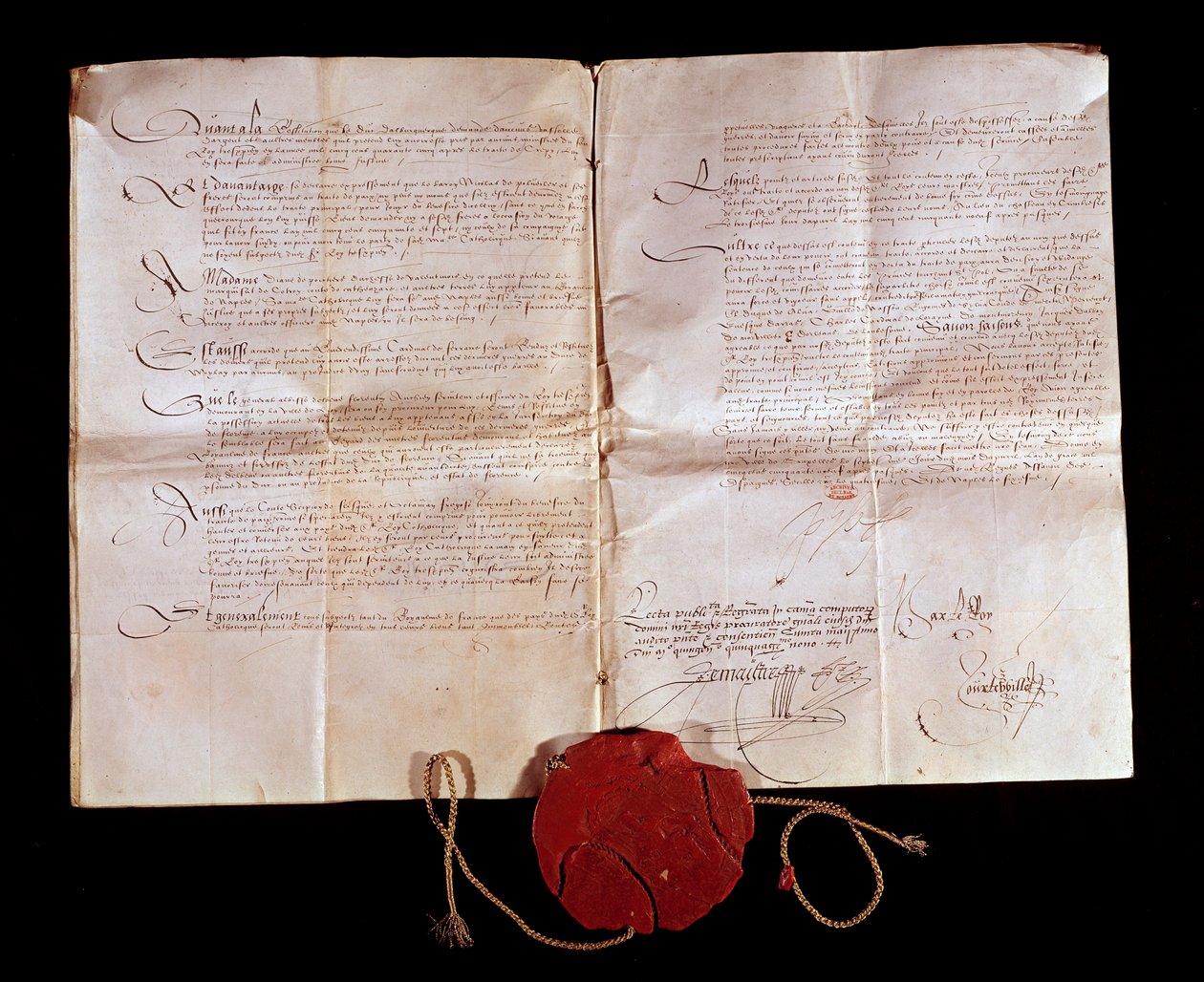 Verdrag van Cateau Cambresis tussen Hendrik II (1519-1589) en Filips II van Spanje op 3/04/1559. Frankrijk geeft zijn Italiaanse gebieden terug aan Spanje. Dit verdrag beëindigde de Italiaanse oorlogen. Parijs, Nationaal Archief door Anonymous Anonymous
