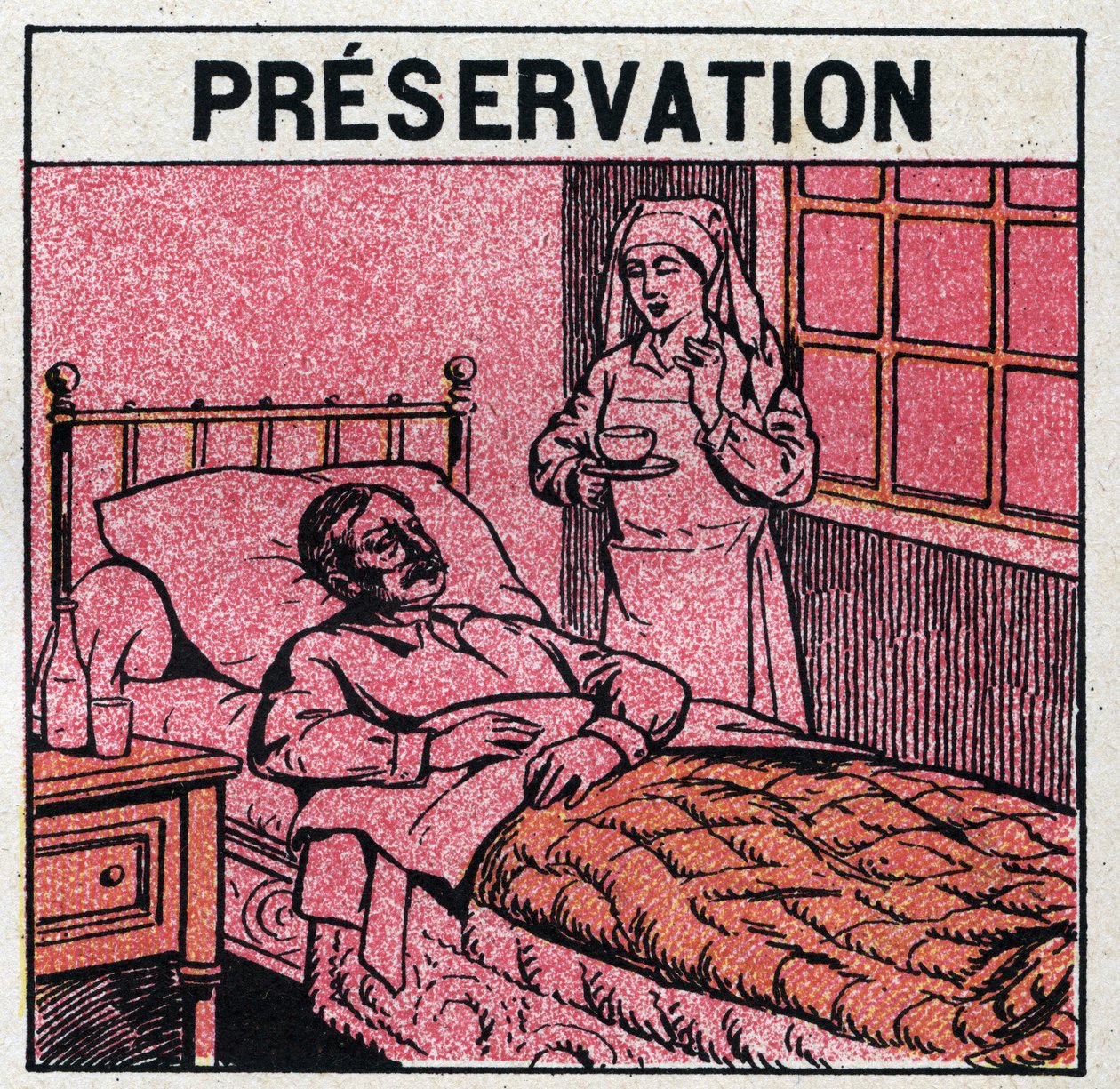 Ultraviolette stralen: om littekens veroorzaakt door pokken te vermijden, moeten patiënten worden behandeld in kamers of alleen rood licht betreden, vrij van ultraviolette stralen. Anonieme illustratie uit 1925. Privécollectie. door Anonymous Anonymous