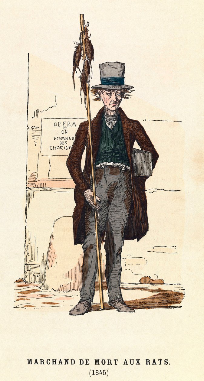 Een rattenvergifverkoper in 1845 in Parijs, gravure, privécollectie door Anonymous Anonymous