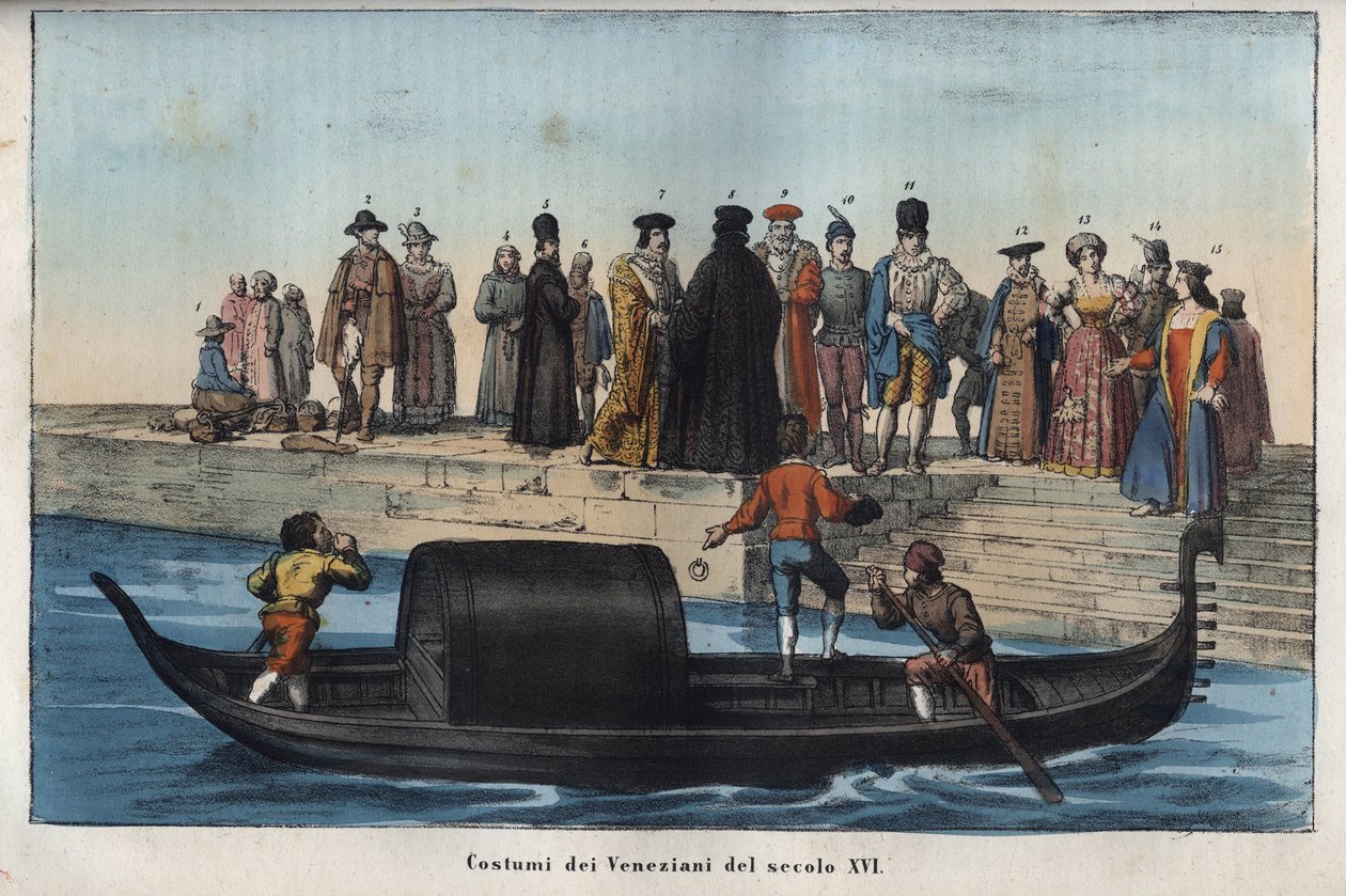 Venetiaanse kostuums uit de zestiende eeuw - gravure uit 