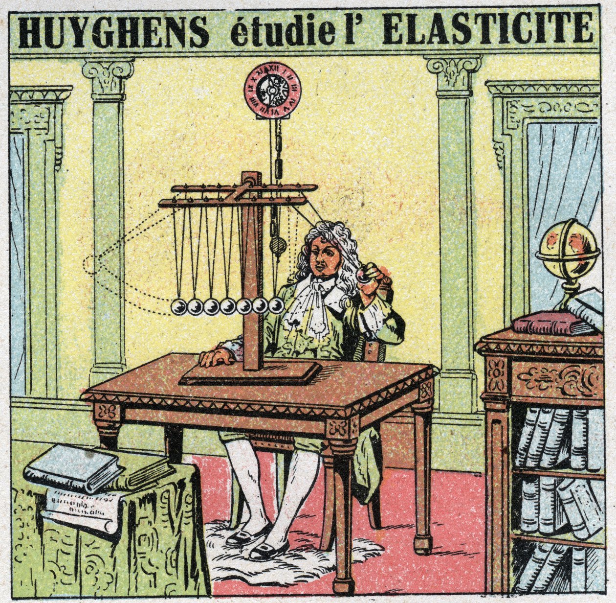 Trillingsbewegingen: Christiaan Huygens (1629-1695) bestudeert de elasticiteit van het materiaal door ivoren kralen te observeren. Anonieme illustratie uit 1925. Privécollectie. door Anonymous Anonymous