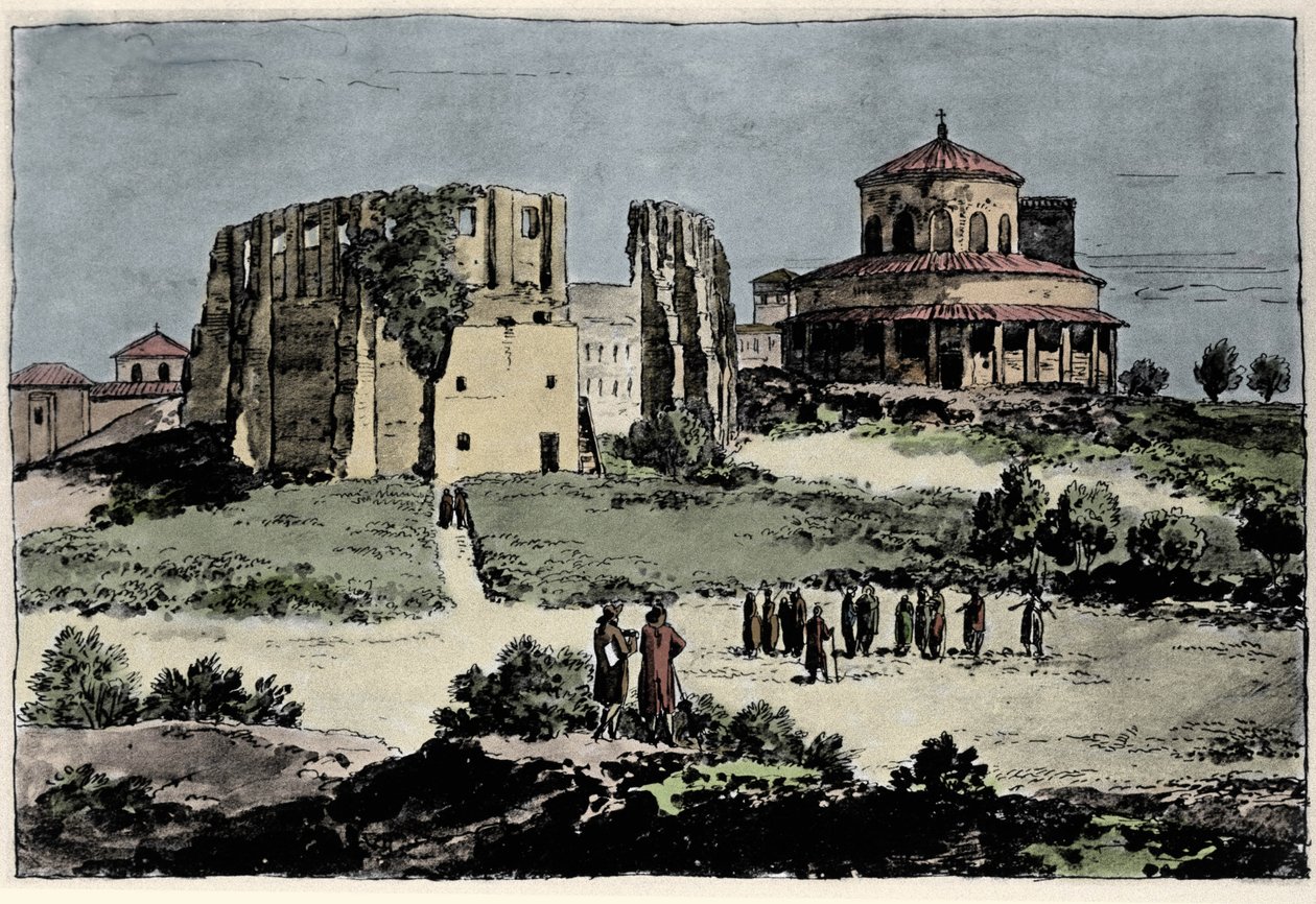 Zicht op de kerk van Santa Constance, mausoleum van keizer Constantijn gebouwd in de 4e eeuw nabij de basiliek van St. Agnese in Rome Illustratie uit de 19e eeuw door Anonymous Anonymous
