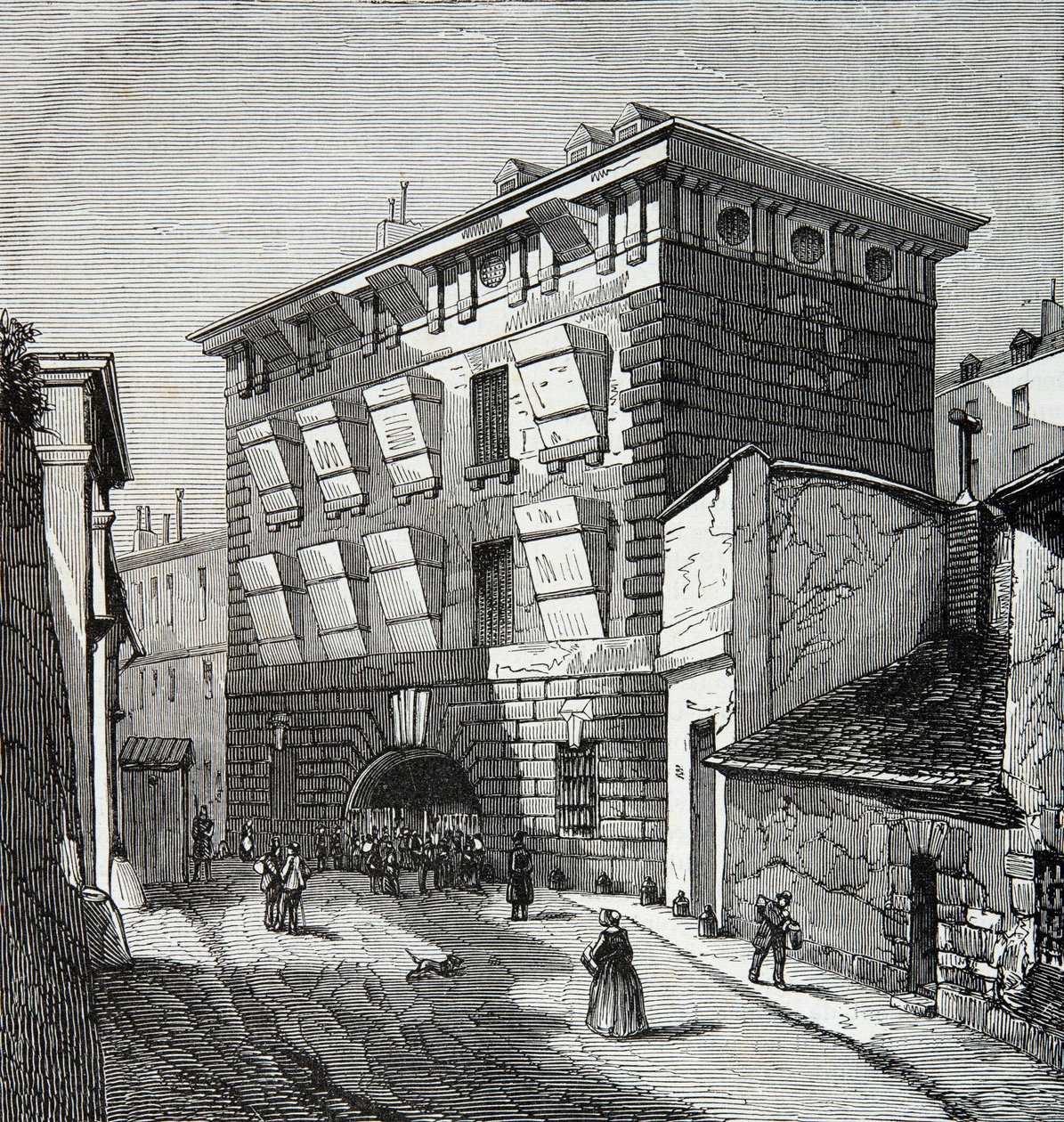 Zicht op de voormalige gevangenis van La Force, rue du roi de Sicilië in Parijs in de 19e eeuw, Gravure, Privécollectie door Anonymous Anonymous
