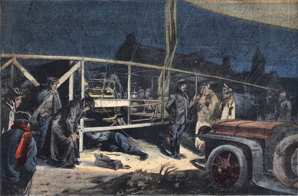 Ville de Paris luchtschip pech in Valmy. Gravure uit de krant "Le Peute Parisien", 2/02/1908. Privécollectie. door Anonymous Anonymous
