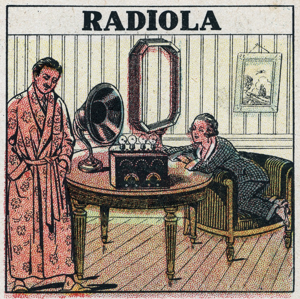 Draadloze telefonie: Radiola radio set. Anonieme illustratie uit 1925. Privécollectie. door Anonymous Anonymous