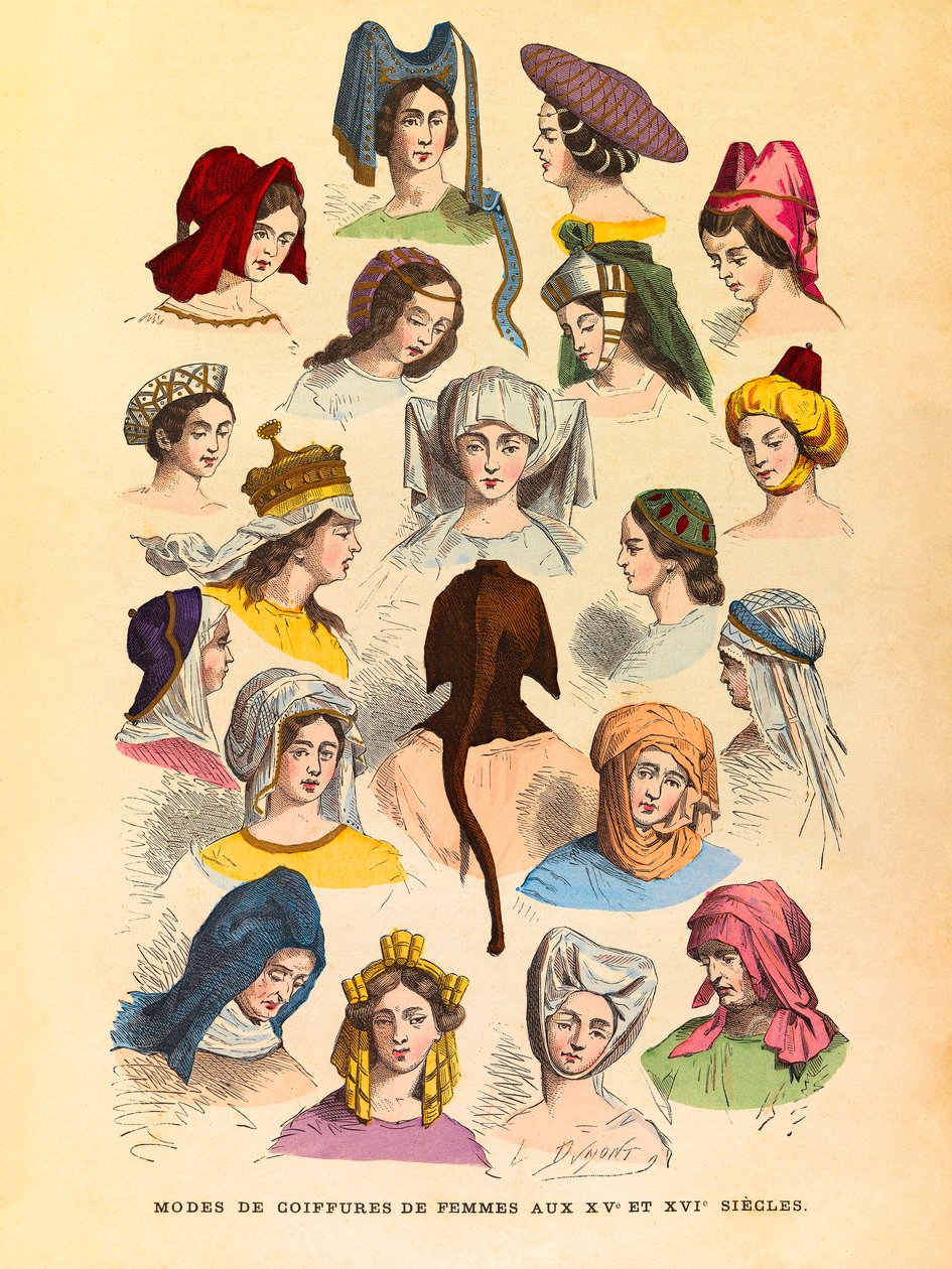 Vrouwelijke kapsels in de 15e en 16e eeuw, gravure - privécollectie door Anonymous Anonymous