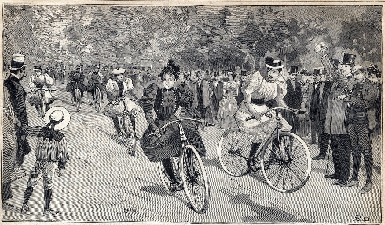 Vrouwenrace van velocipedisten in het Bois de Boulogne bij Parijs. Gravure in 