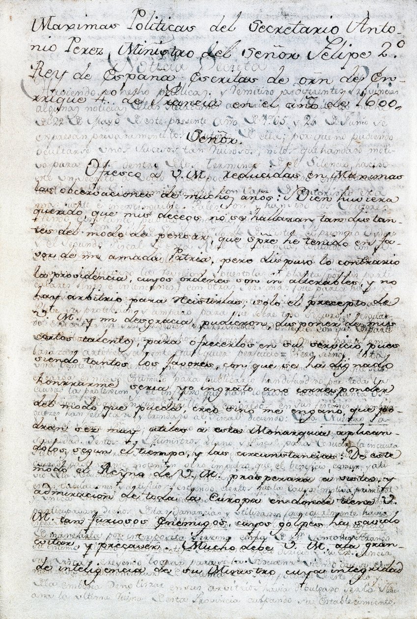 Geschreven politiek door Antonio Perez (1540-1611). Spaanse politiek secretaris van koning Filips II van Spanje. Ecuador, Quito. Politieke Bibliotheek van Ecuador van Aurelio Espinosa door Anonymous Anonymous