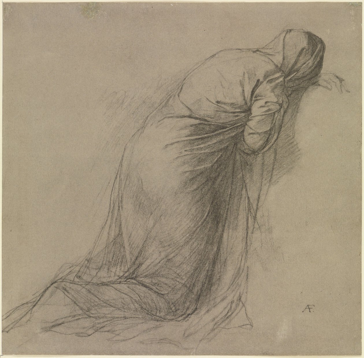 Gewaadstudie van een gesluierde vrouwelijke figuur die naar rechts knielt door Anselm Feuerbach
