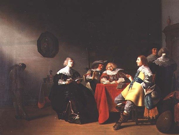 Een interieur met elegante figuren die lezen door Anthonie  Palamedesz