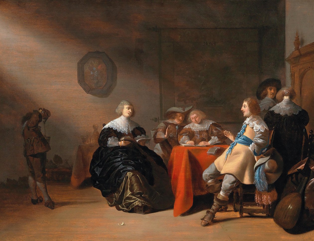 Een interieur met een gezelschap aan een tafel door Anthonie Palamedesz.