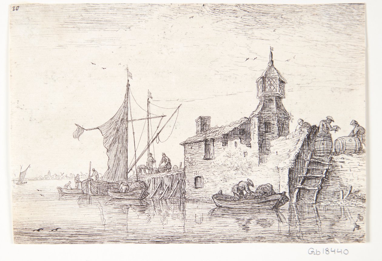 Aanlegplaats met een gebouw met een toren door Anthonie Waterloo