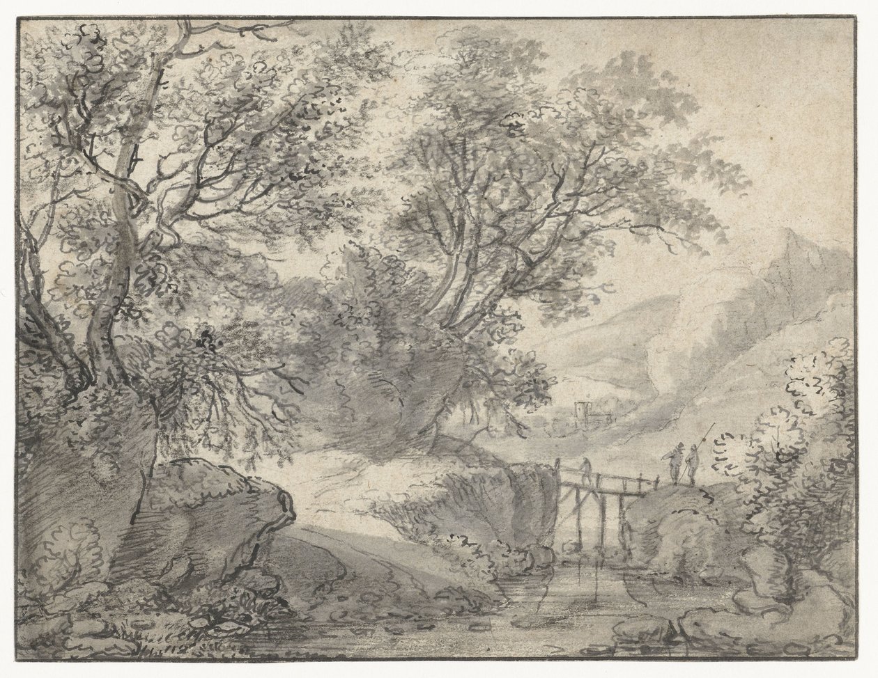 Berglandschap met bomen en een brug over een beek door Anthonie Waterloo