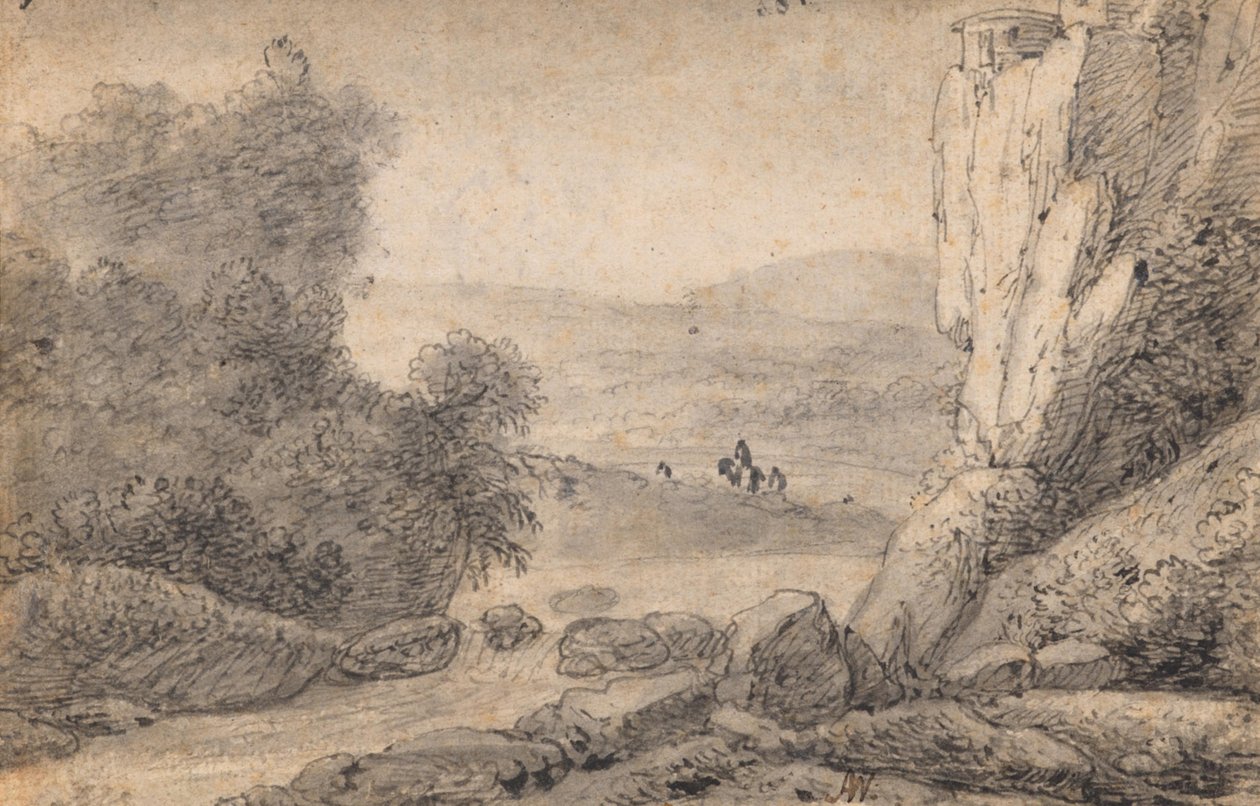 Berglandschap met reizigers door Anthonie Waterloo