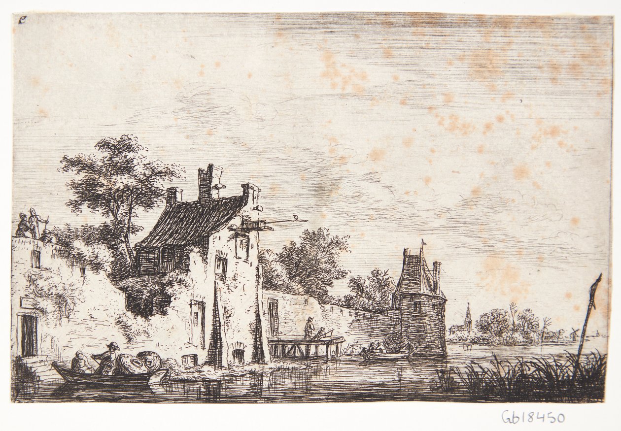Stadsmuur aan een rivier door Anthonie Waterloo