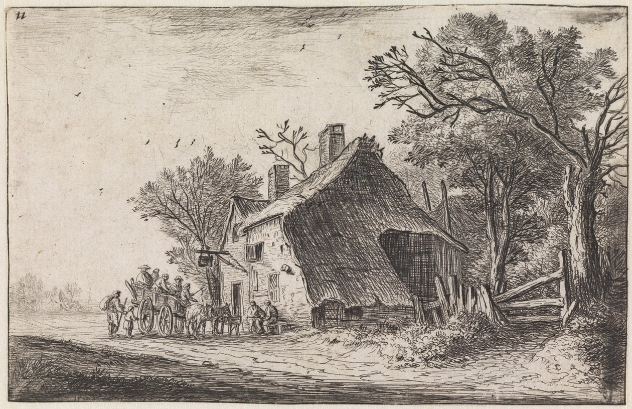 De aankomst van de reizigers bij de herberg (nr. 2 uit een serie van 12 prenten) door Anthonie Waterloo