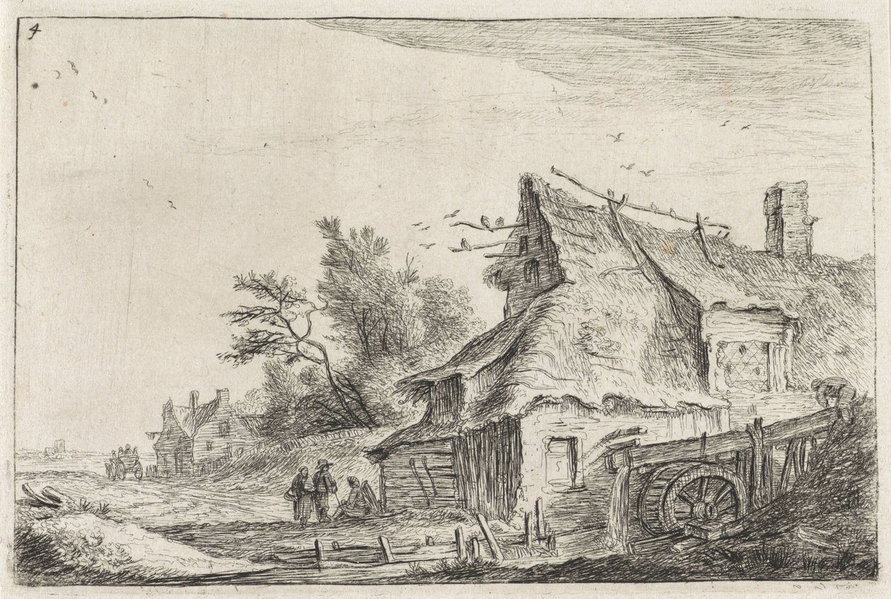 Dorpsgezicht met een watermolen (Landschappen met bebouwing) door Anthonie Waterloo