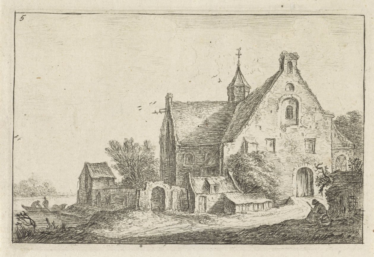 Dorpskerk aan het water Landschappen met bebouwing (series title) door Anthonie Waterloo