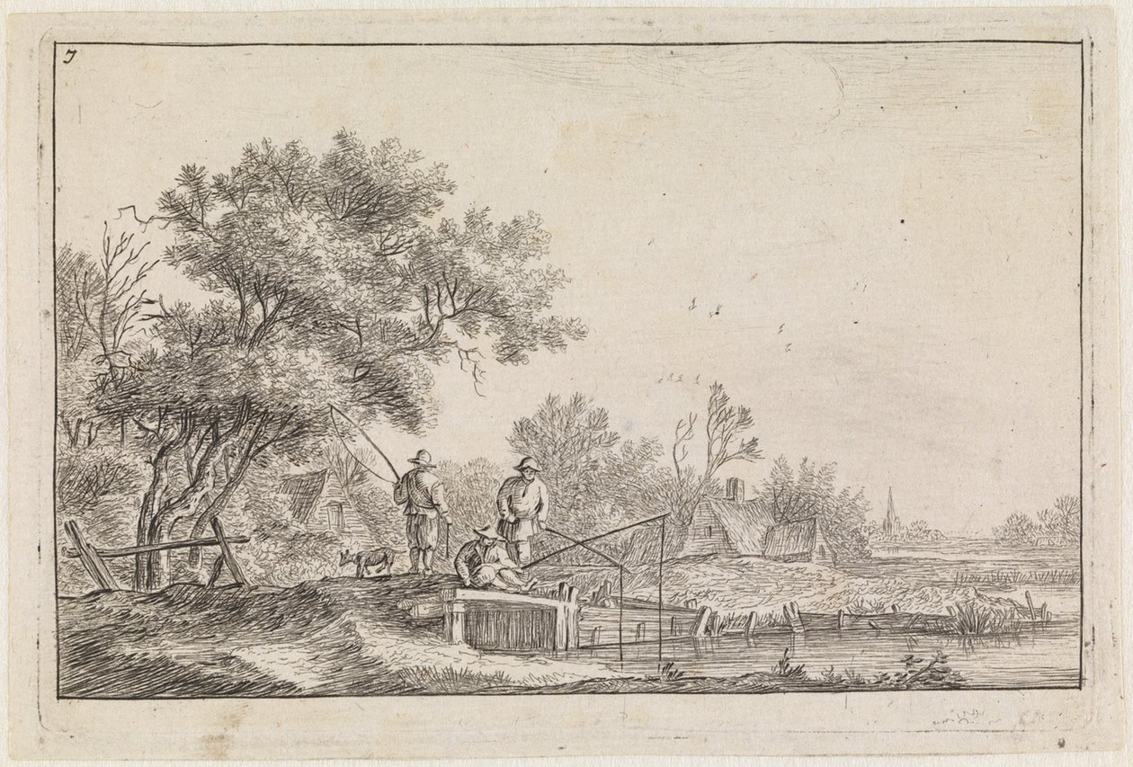 Drie hengelaars op het bruggetje (nr. 7 uit een serie van 12 prenten) door Anthonie Waterloo