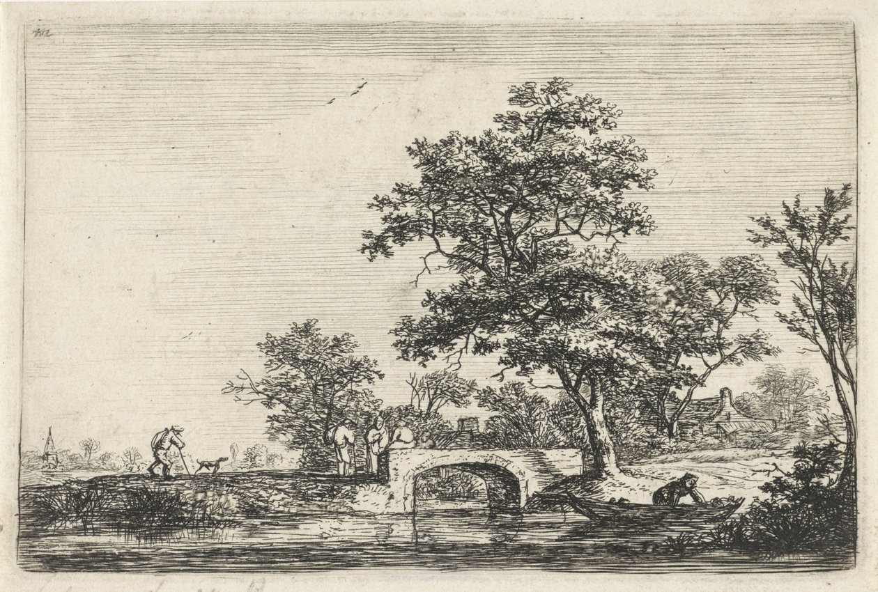 Figuren bij een stenen brug door Anthonie Waterloo
