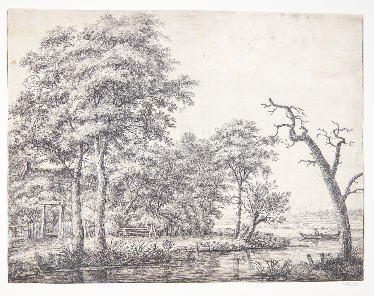 Rivierlandschap met man in een roeiboot door Anthonie Waterloo