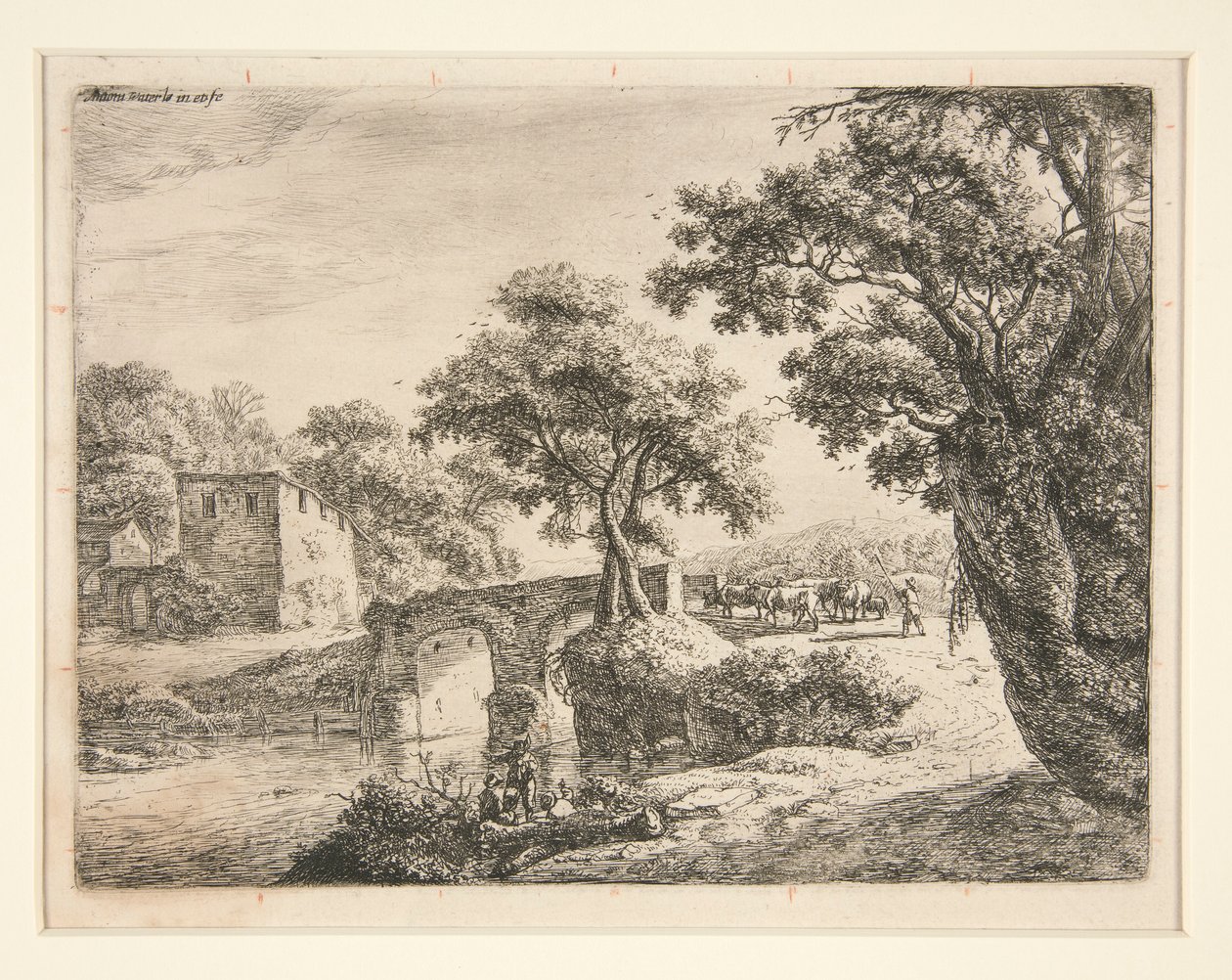 Kudde Bij een Stenen Brug door Anthonie Waterloo