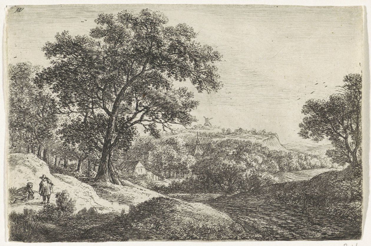 Heuvellandschap met een dorp door Anthonie Waterloo