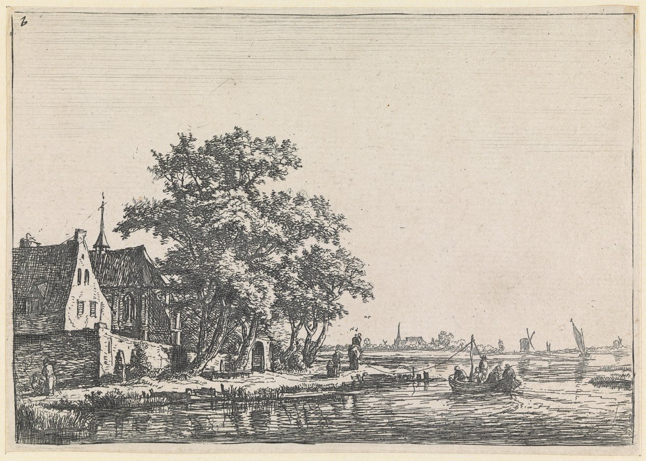 Kerkhof aan de oever van het water (nr. 2 uit een serie van 12 prenten) door Anthonie Waterloo