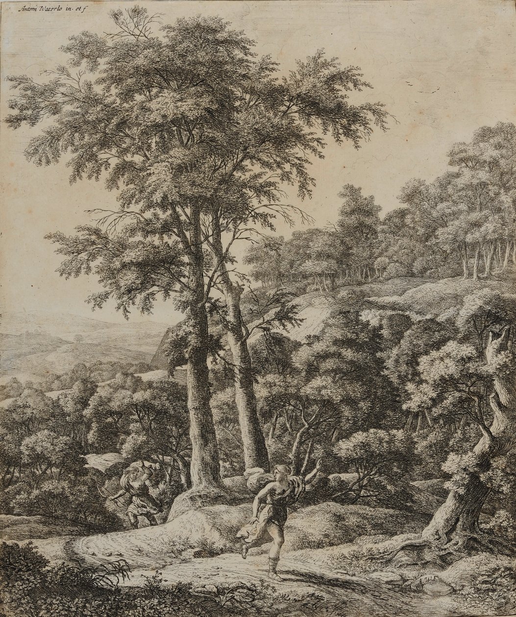 Landschap met jageres (ets) door Anthonie Waterloo