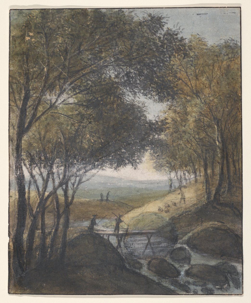 Landschap met een reiziger die een brug oversteekt (voorzijde); Schetsen van een poort, een brug en een gemeentehuis (achterzijde) door Anthonie Waterloo