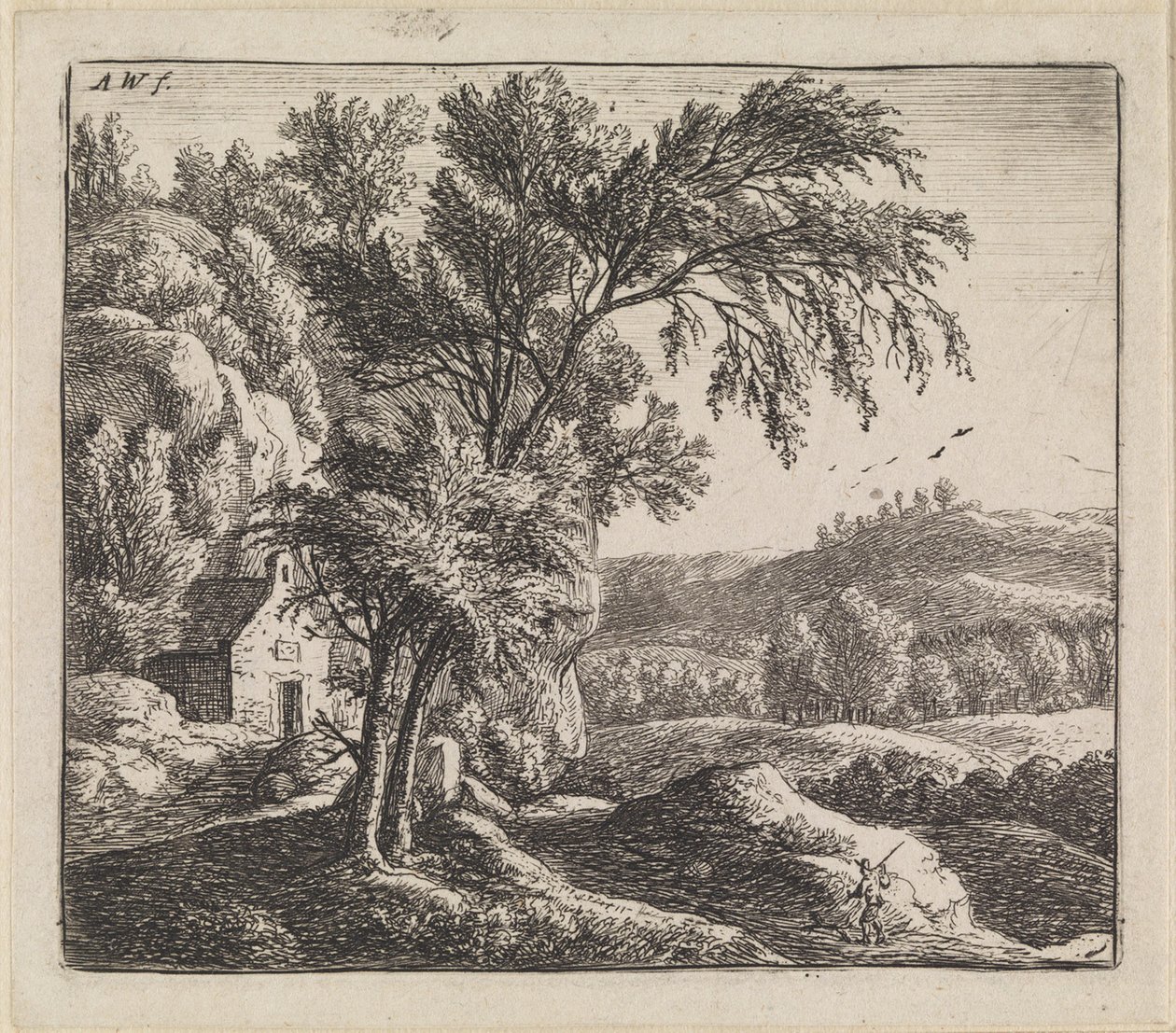 Landschap met huis bij rotswand door Anthonie Waterloo