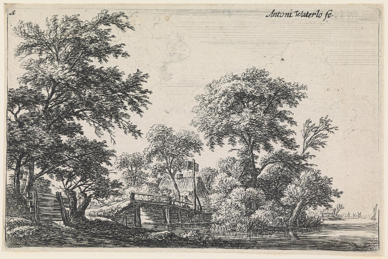 Landschap met linksonder een houten hek (nr. 1 uit een serie van 12 prenten) door Anthonie Waterloo