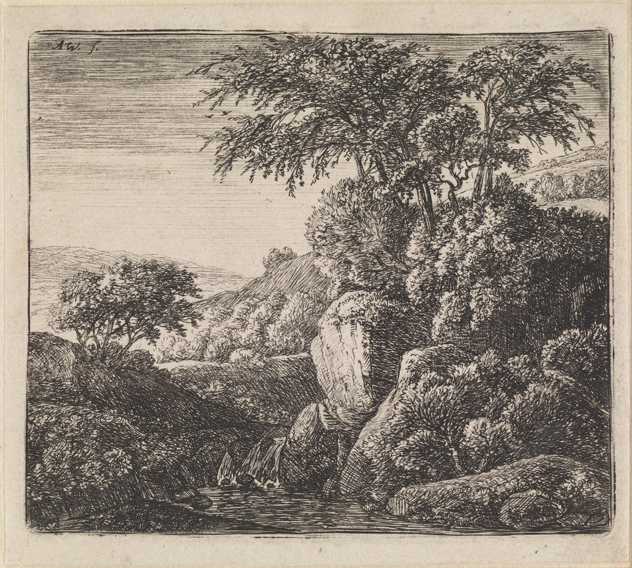 Landschap met waterval door Anthonie Waterloo