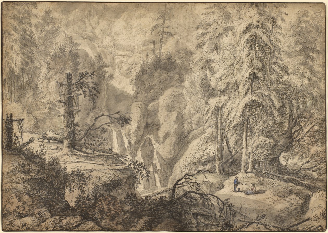 Berglandschap, boeren op een open plek bij een waterval (recto); landschapsschets (verso) door Anthonie Waterloo