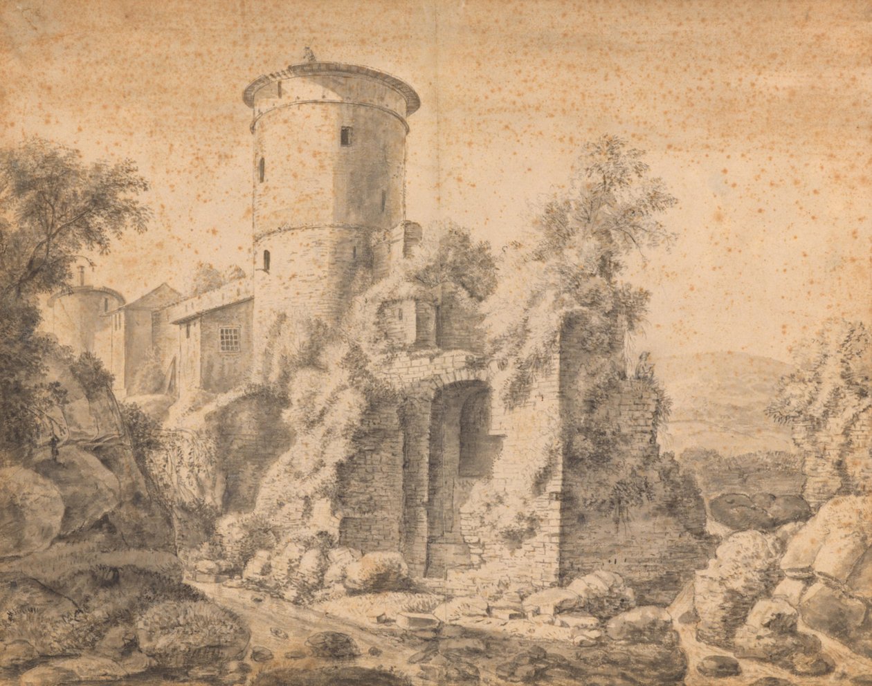 Ruïne met ronde toren door Anthonie Waterloo