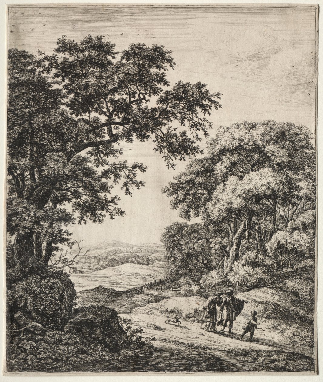Zes grote staande landschappen met scènes uit het Oude Testament: Abraham stuurt Hagar en Ismaël weg door Anthonie Waterloo