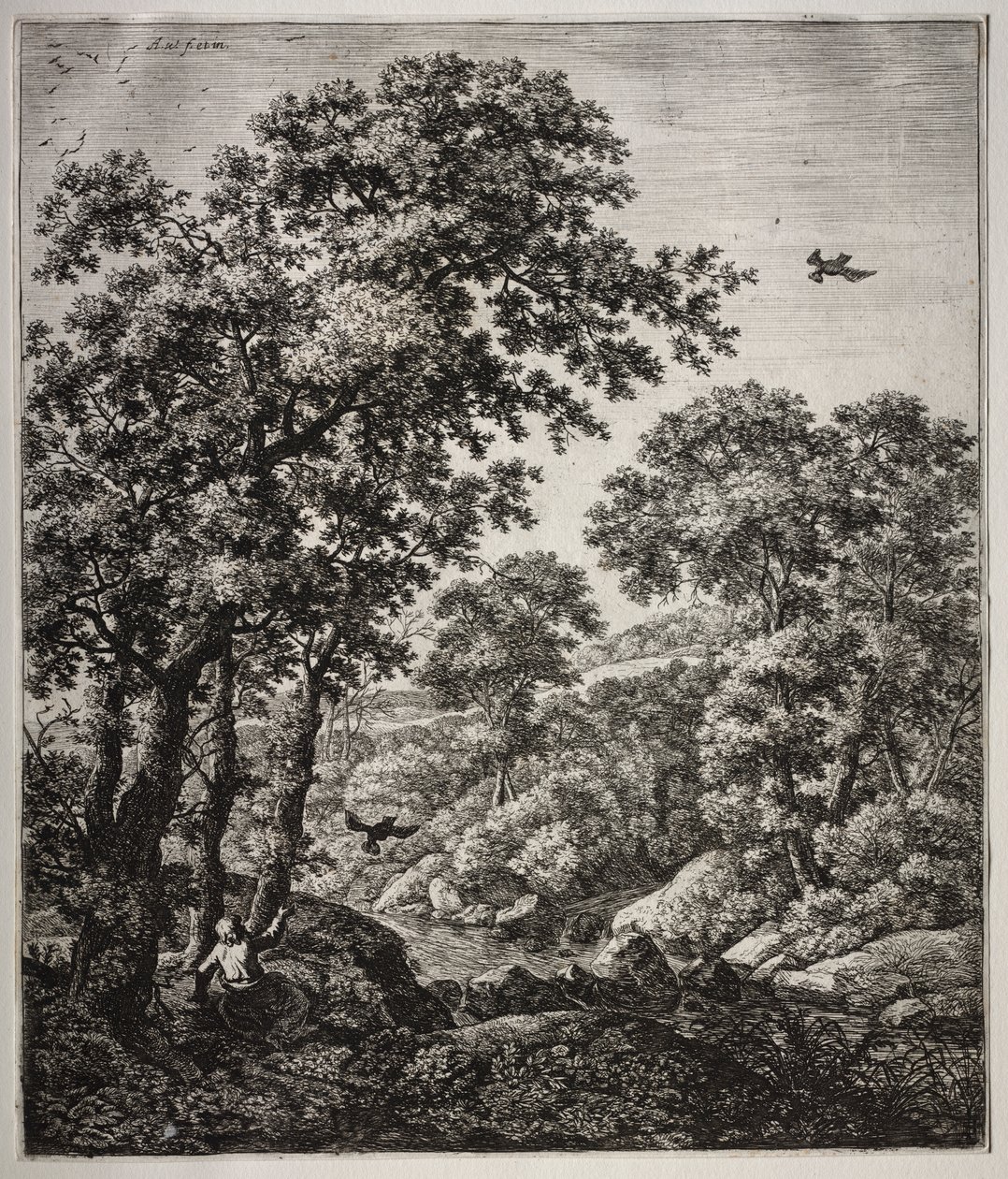 Zes grote staande landschappen met scènes uit het Oude Testament: Elia gevoed door de raven door Anthonie Waterloo