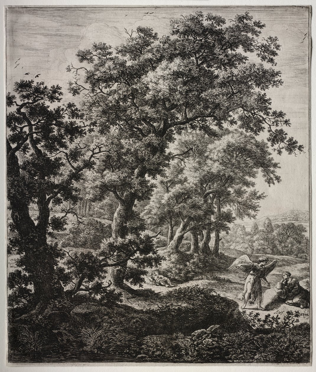 Zes grote staande landschappen met scènes uit het Oude Testament: Hagar Getroost door de Engel door Anthonie Waterloo