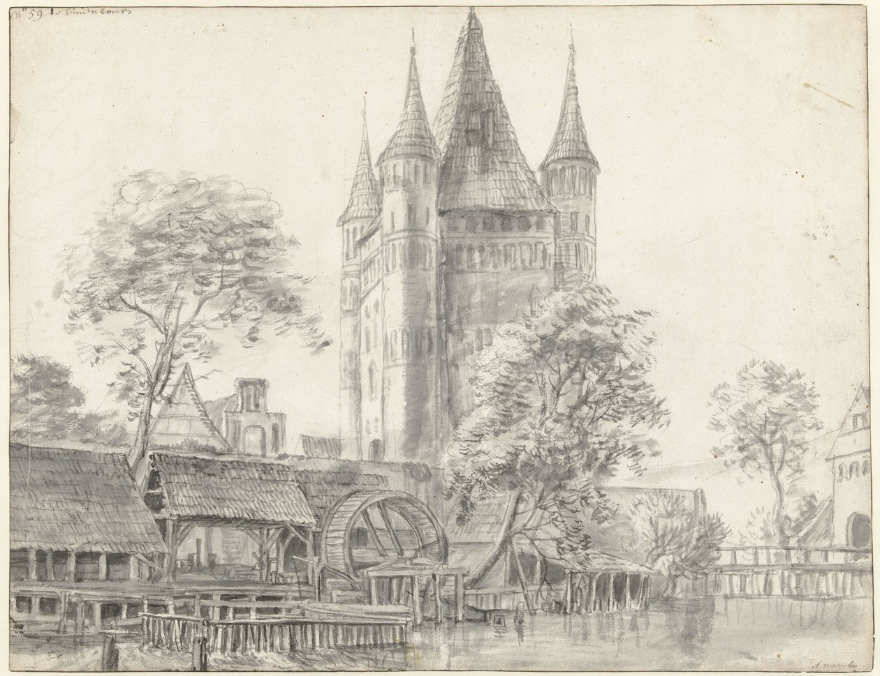 Stadspoort Altenbrücker Tor en watermolen te Lüneburg bij Hamburg door Anthonie Waterloo