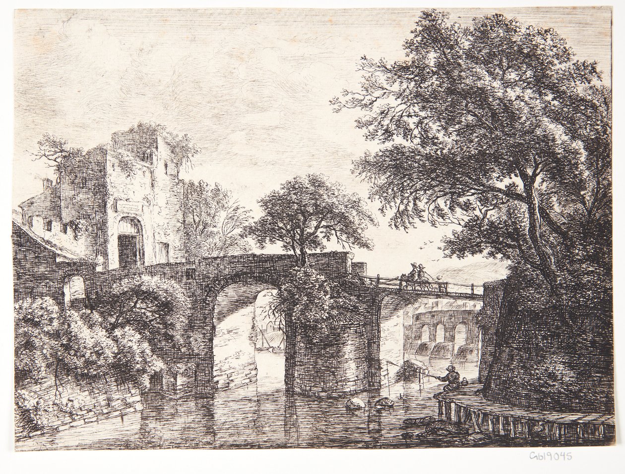Stenen brug over een rivier door Anthonie Waterloo
